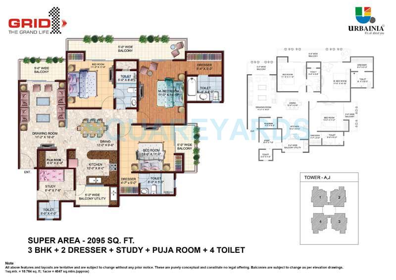Floor plan of 3 BHK 2095 Sq. Ft. Apartment in Urbainia Spaces Grid 1, Greater Noida