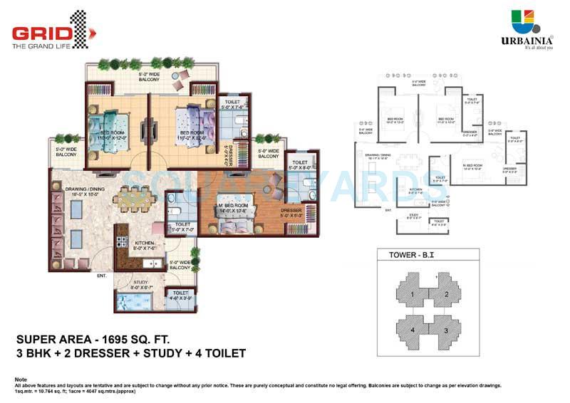 Floor plan of 3 BHK 1695 Sq. Ft. Apartment in Urbainia Spaces Grid 1, Greater Noida
