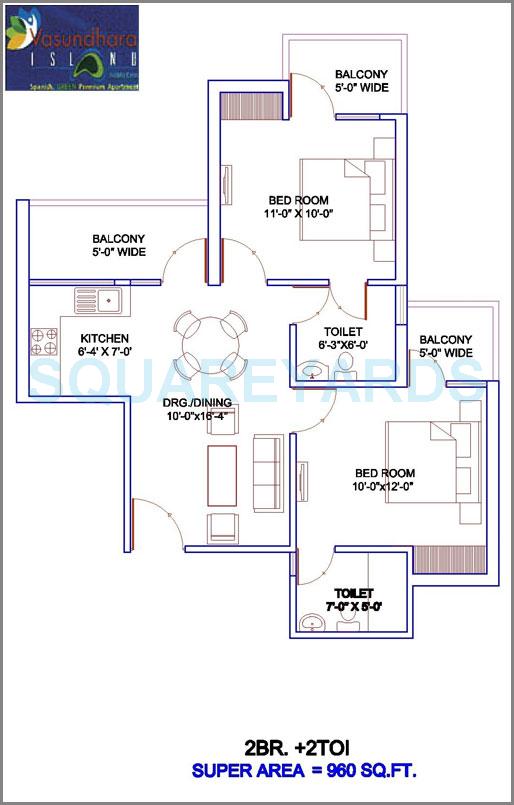 Floor plan of 2 BHK 960 Sq. Ft. Apartment in Vasundhara Island, Greater Noida