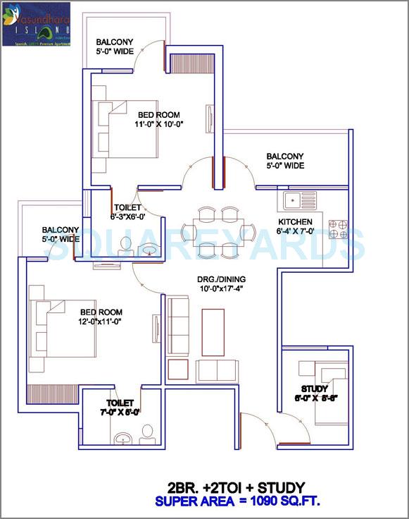 Floor plan of 2 BHK 1090 Sq. Ft. Apartment in Vasundhara Island, Greater Noida