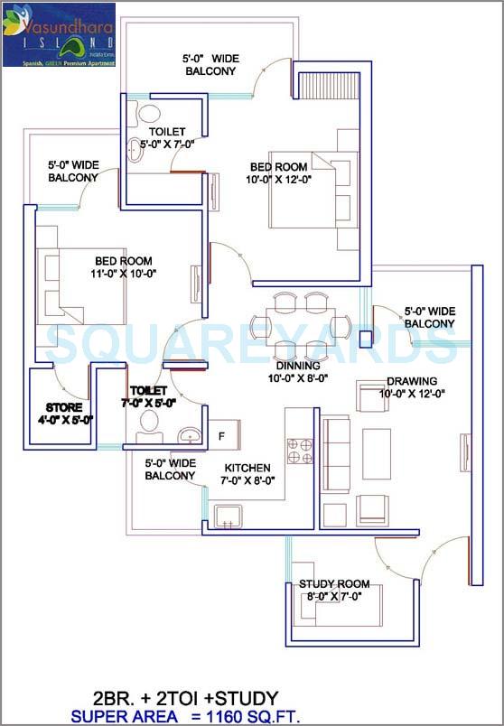 Floor plan of 2 BHK 1160 Sq. Ft. Apartment in Vasundhara Island, Greater Noida