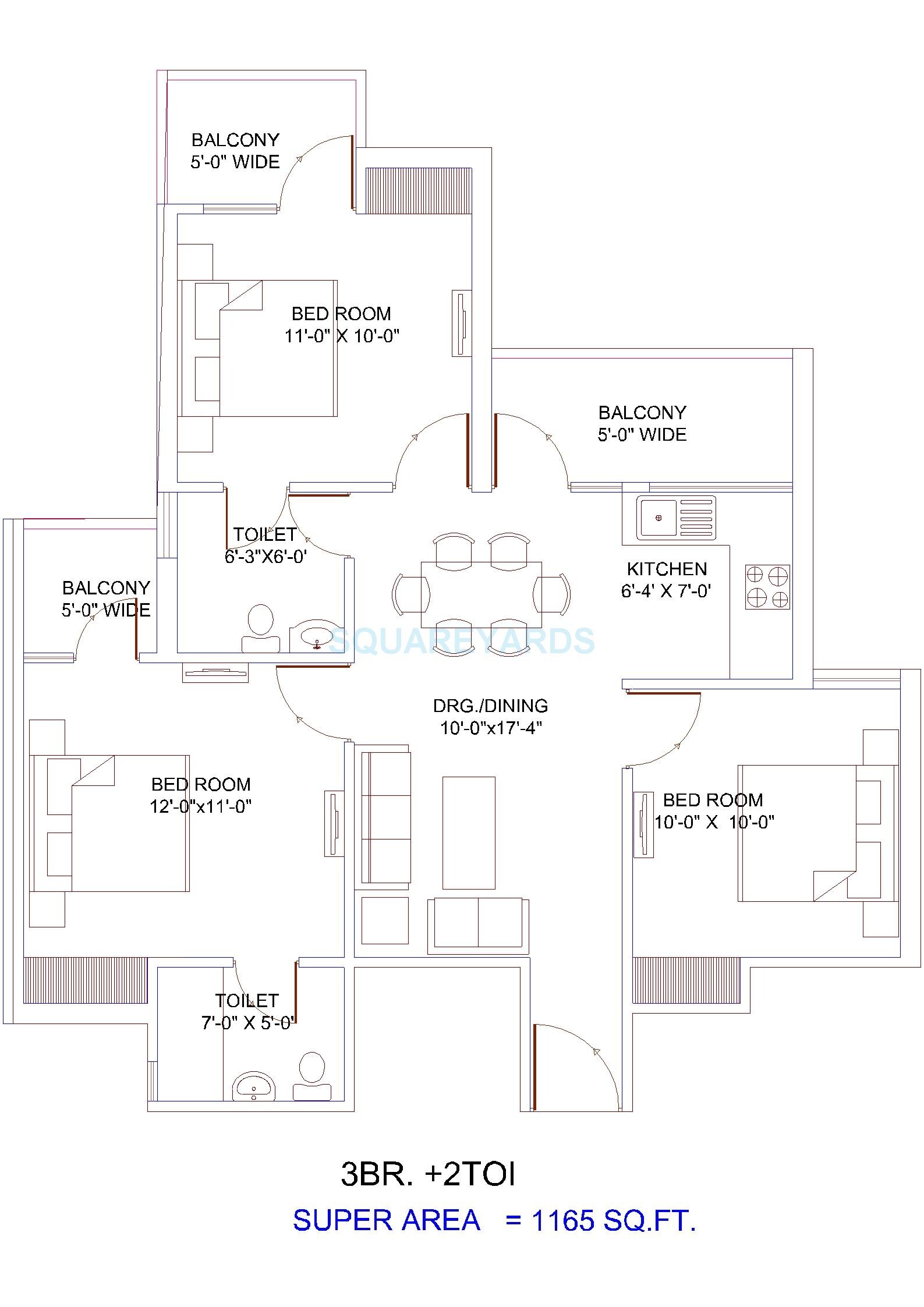 Floor plan of 3 BHK 1165 Sq. Ft. Apartment in Vasundhara Island, Greater Noida