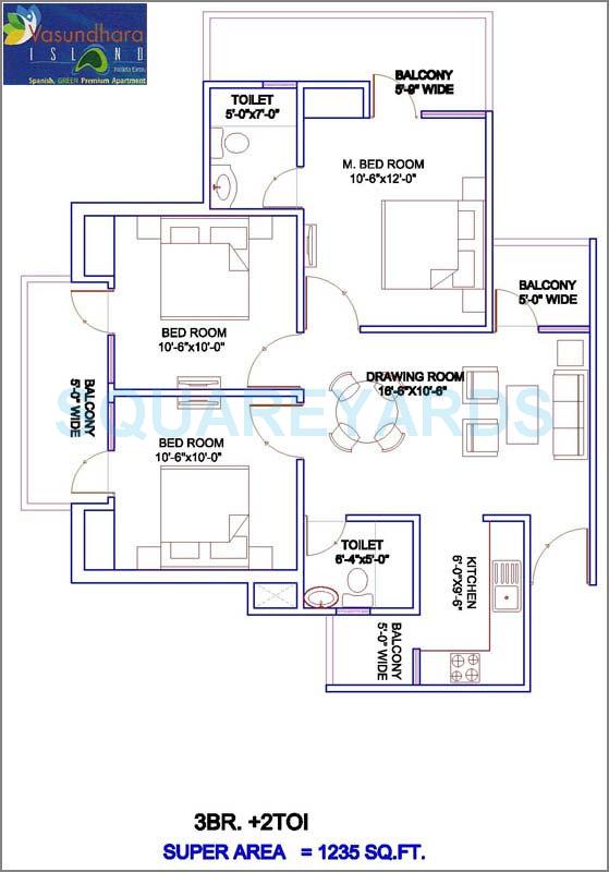 Floor plan of 3 BHK 1235 Sq. Ft. Apartment in Vasundhara Island, Greater Noida