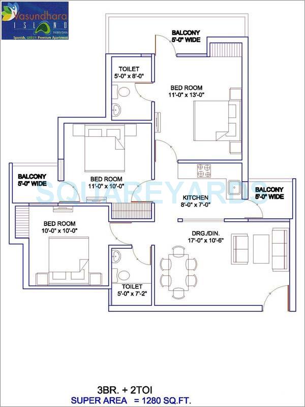 Floor plan of 3 BHK 1280 Sq. Ft. Apartment in Vasundhara Island, Greater Noida