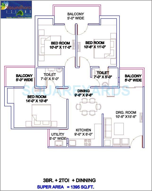 Floor plan of 3 BHK 1395 Sq. Ft. Apartment in Vasundhara Island, Greater Noida