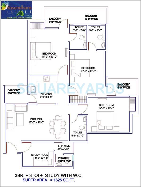 Floor plan of 3 BHK 1625 Sq. Ft. Apartment in Vasundhara Island, Greater Noida