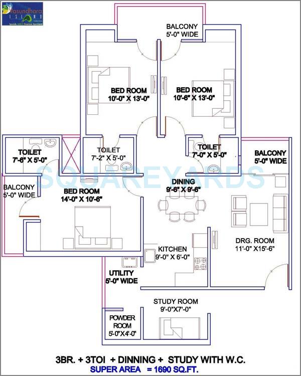 Floor plan of 3 BHK 1690 Sq. Ft. Apartment in Vasundhara Island, Greater Noida