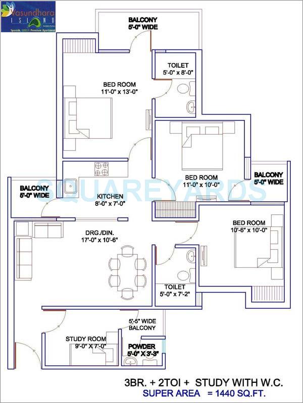 Floor plan of 3 BHK 1440 Sq. Ft. Apartment in Vasundhara Island, Greater Noida