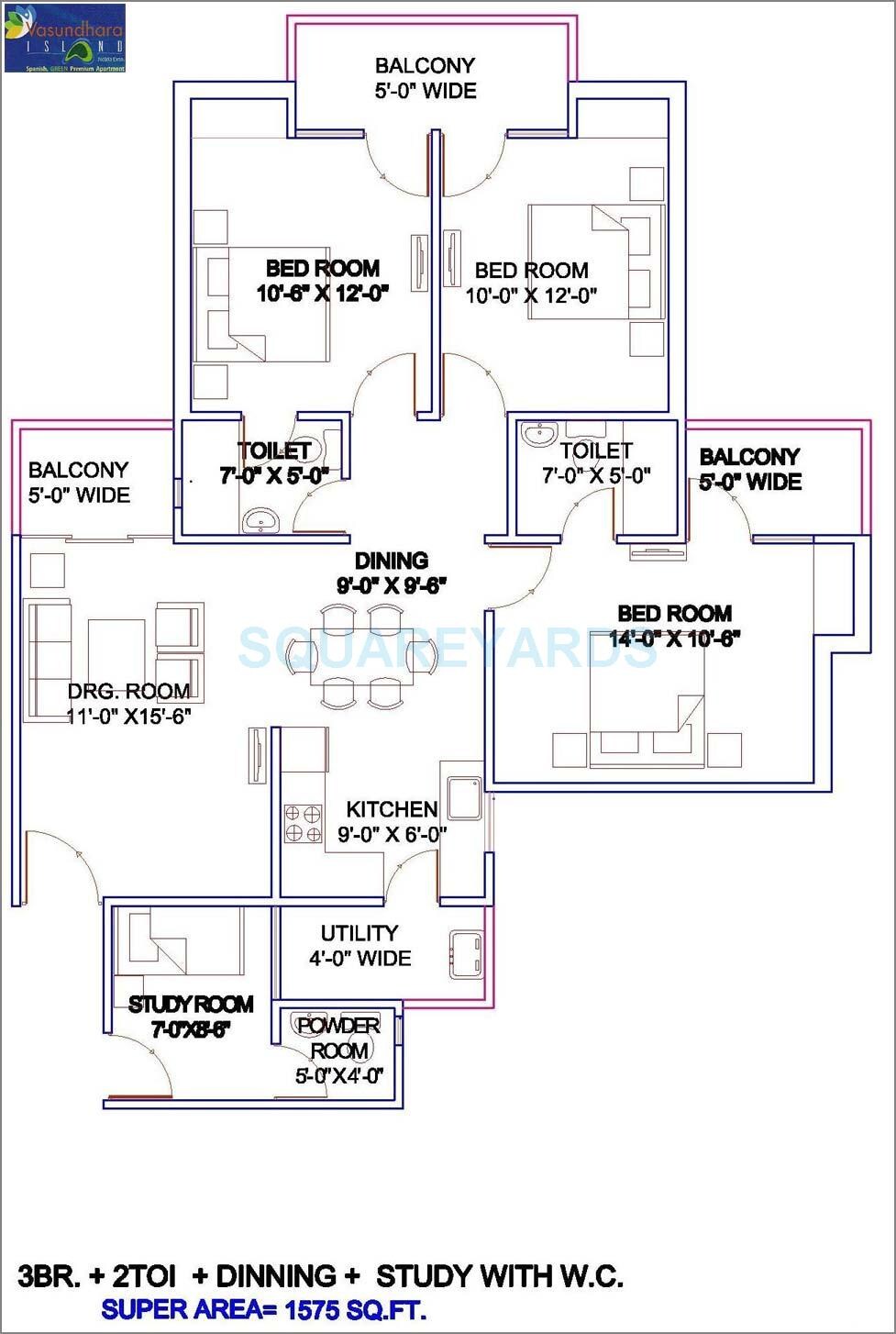 Floor plan of 3 BHK 1575 Sq. Ft. Apartment in Vasundhara Island, Greater Noida