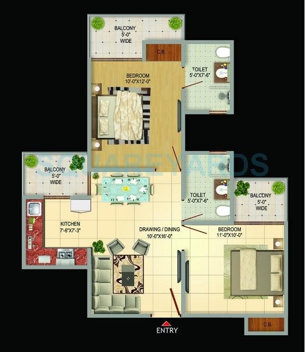 Floor plan of 2 BHK 1050 Sq. Ft. Apartment in VIctoryone Amara, Greater Noida