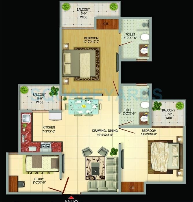 Floor plan of 2 BHK 1210 Sq. Ft. Apartment in VIctoryone Amara, Greater Noida
