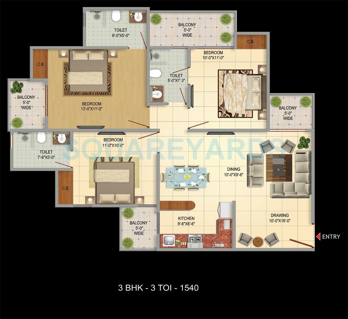 Floor plan of 3 BHK 1540 Sq. Ft. Apartment in VIctoryone Amara, Greater Noida