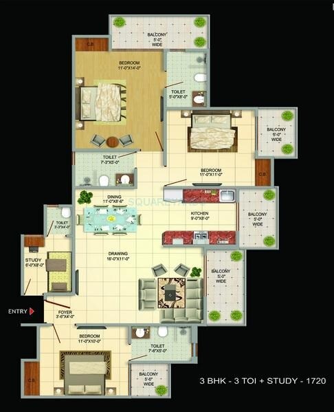 Floor plan of 3 BHK 1720 Sq. Ft. Apartment in VIctoryone Amara, Greater Noida