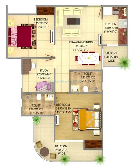 Floor plan of 2 BHK 1210 Sq. Ft. Apartment in Victoryone Central, Greater Noida