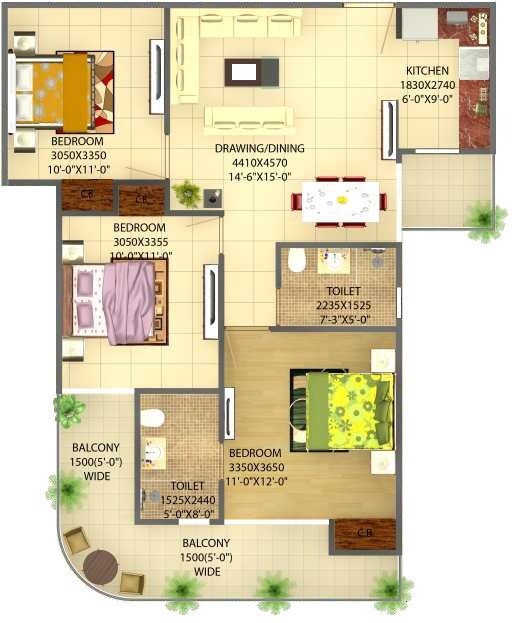 Floor plan of 3 BHK 1340 Sq. Ft. Apartment in Victoryone Central, Greater Noida