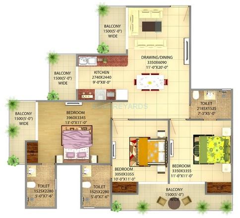 Floor plan of 3 BHK 1540 Sq. Ft. Apartment in Victoryone Central, Greater Noida