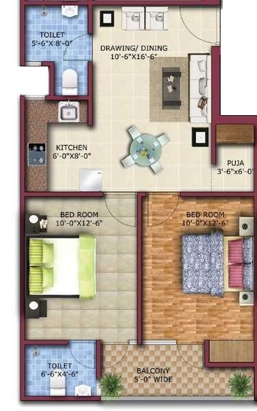 Floor plan of 2 BHK 975 Sq. Ft. Apartment in Vihaan Heritage, Greater Noida