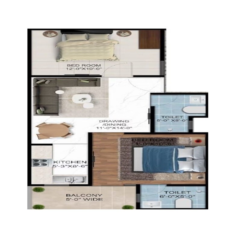 Floor plan of 2 BHK 975 Sq. Ft. Apartment in Vihaan Krystal Floors, Greater Noida