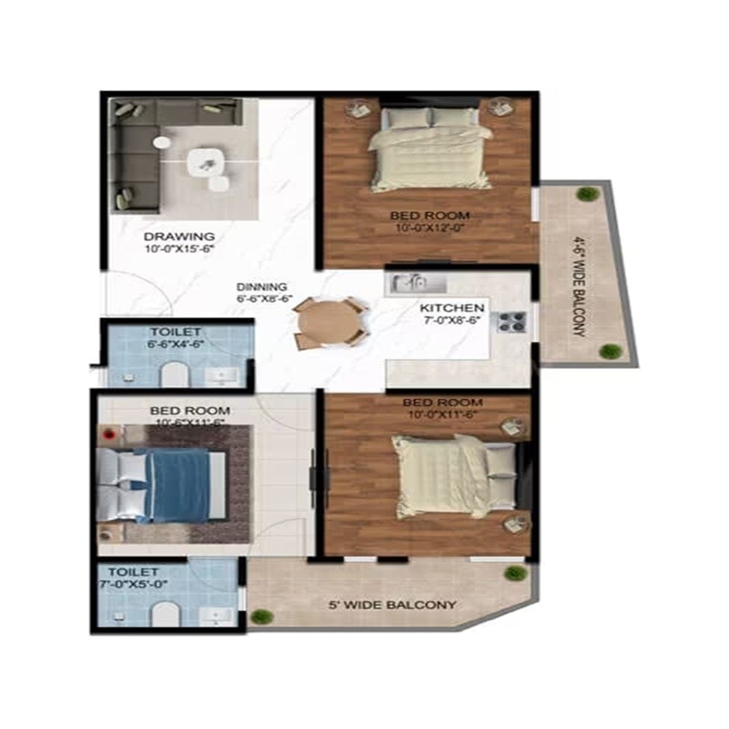 Floor plan of 3 BHK 1450 Sq. Ft. Apartment in Vihaan Krystal Floors, Greater Noida