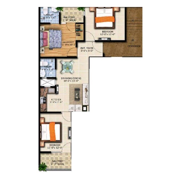 Floor plan of 3 BHK 1350 Sq. Ft. Apartment in Vihaan Wisteria, Greater Noida