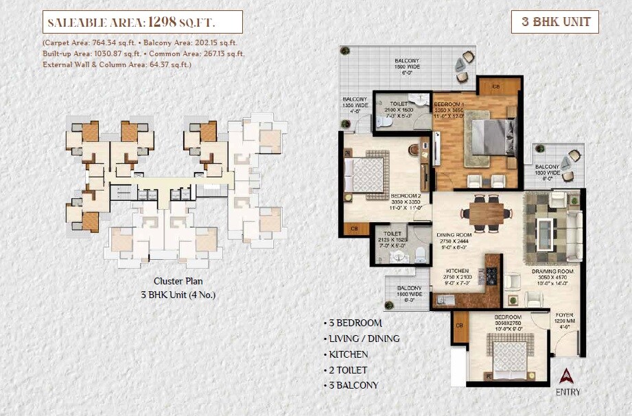 Floor plan of 3 BHK 1298 Sq. Ft. Apartment in Vrinda Heritage Skyward, Greater Noida