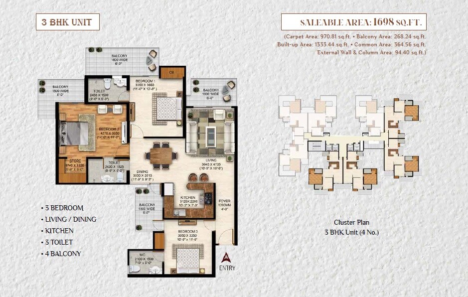 Floor plan of 3 BHK 1698 Sq. Ft. Apartment in Vrinda Heritage Skyward, Greater Noida