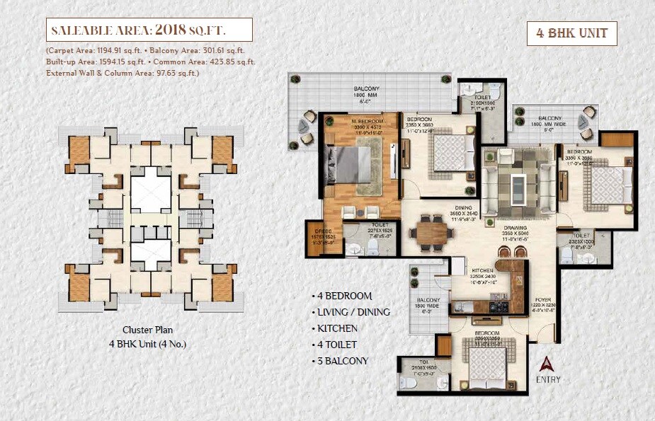 Floor plan of 4 BHK 2018 Sq. Ft. Apartment in Vrinda Heritage Skyward, Greater Noida