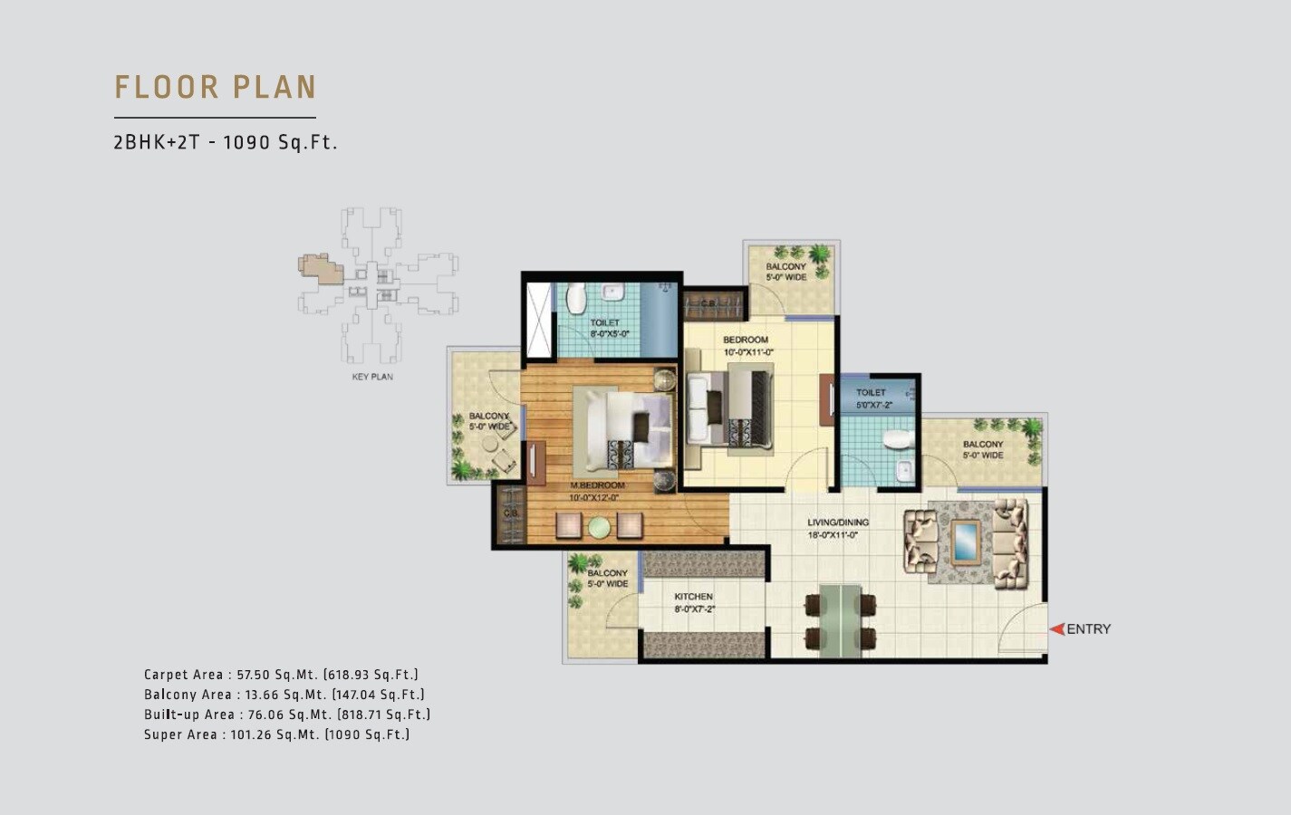 Floor plan of 2 BHK 1090 Sq. Ft. Apartment in VVIP Homes, Greater Noida