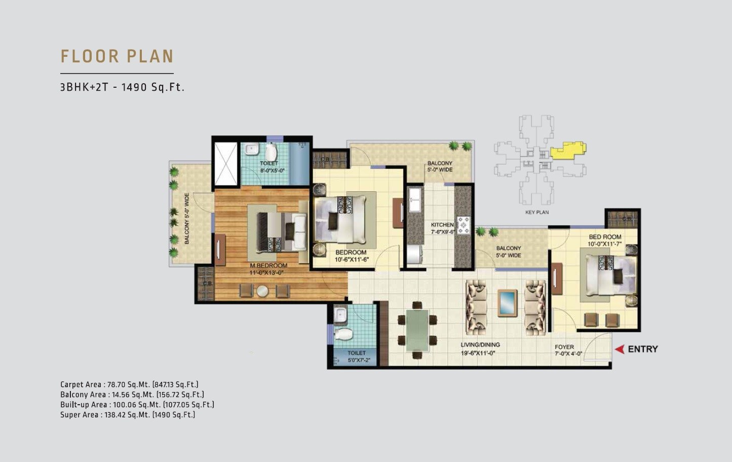 Floor plan of 3 BHK 1490 Sq. Ft. Apartment in VVIP Homes, Greater Noida