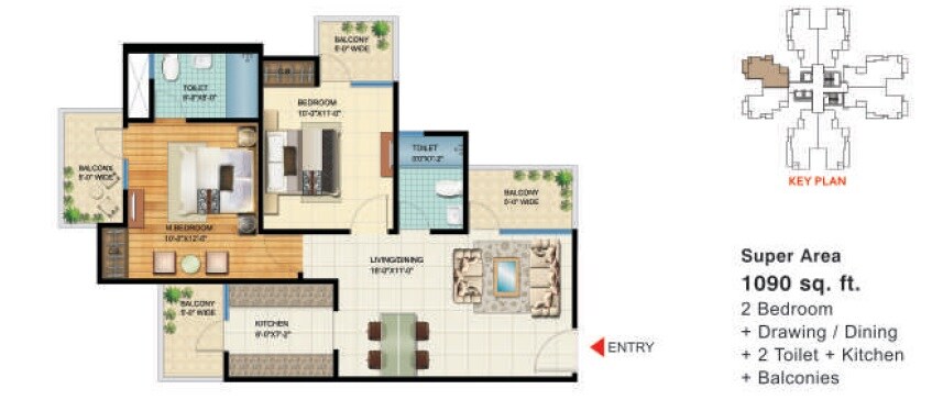 Floor plan of 2 BHK 1090 Sq. Ft. Apartment in VVIP Homes Meridian Tower, Greater Noida