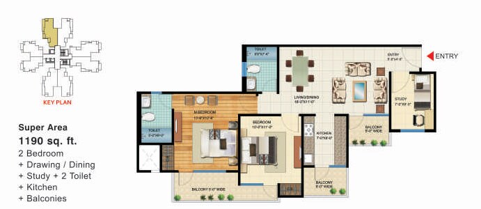 Floor plan of 2 BHK 1190 Sq. Ft. Apartment in VVIP Homes Meridian Tower, Greater Noida