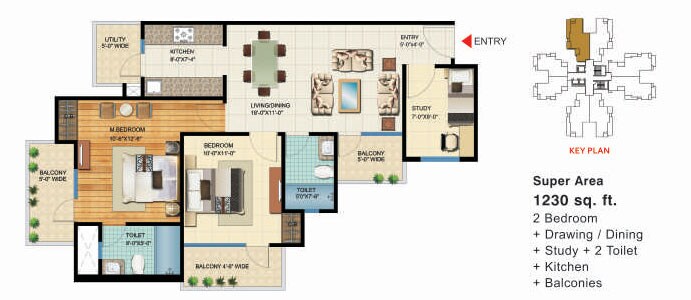Floor plan of 2 BHK 1230 Sq. Ft. Apartment in VVIP Homes Meridian Tower, Greater Noida