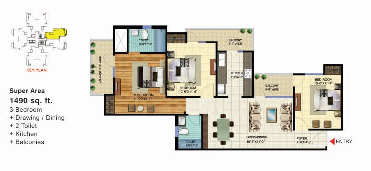 Floor plan of 3 BHK 1490 Sq. Ft. Apartment in VVIP Homes Meridian Tower, Greater Noida