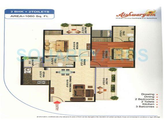 Floor plan of 2 BHK Apartment - 1060 sq. ft. in Wall Rock Aishwaryam, Greater Noida