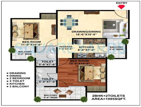 Floor plan of 2 BHK Apartment - 1095 sq. ft. in Wall Rock Aishwaryam, Greater Noida