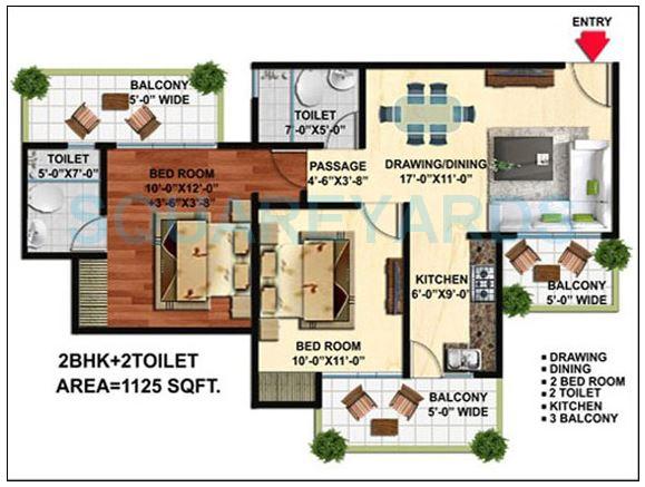 Floor plan of 2 BHK Apartment - 1125 sq. ft. in Wall Rock Aishwaryam, Greater Noida