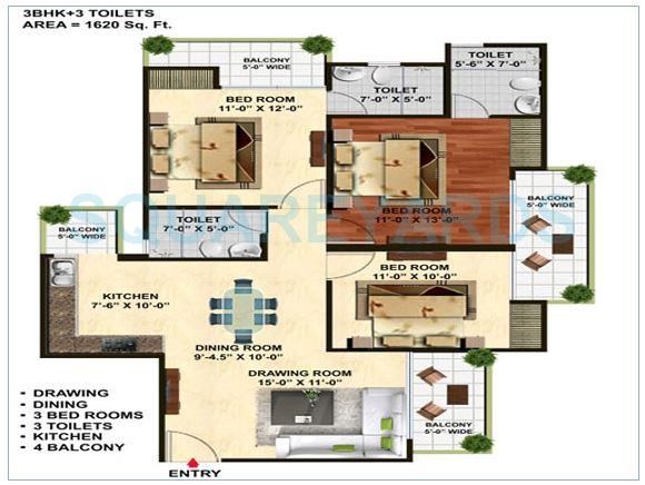 Floor plan of 3 BHK Apartment - 1620 sq. ft. in Wall Rock Aishwaryam, Greater Noida