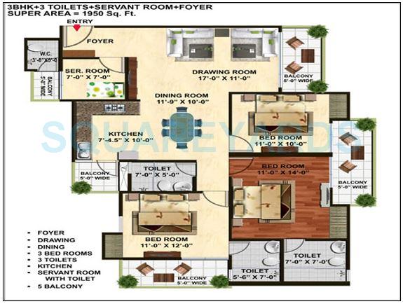 Floor plan of 3 BHK Apartment - 1950 sq. ft. in Wall Rock Aishwaryam, Greater Noida