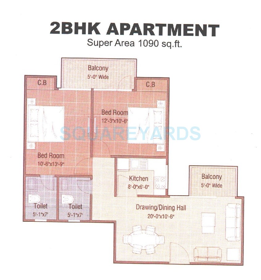Floor plan of 2 BHK Apartment - 1090 sq. ft. in Wegmans Trustone Greens, Greater Noida