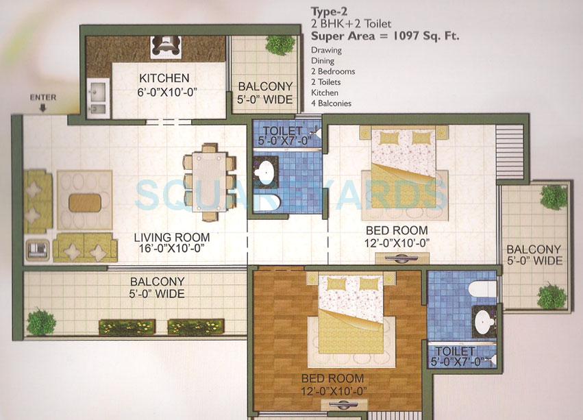 Floor plan of 2 BHK 1097 Sq. Ft. Apartment in Town Park White Orchid, Greater Noida