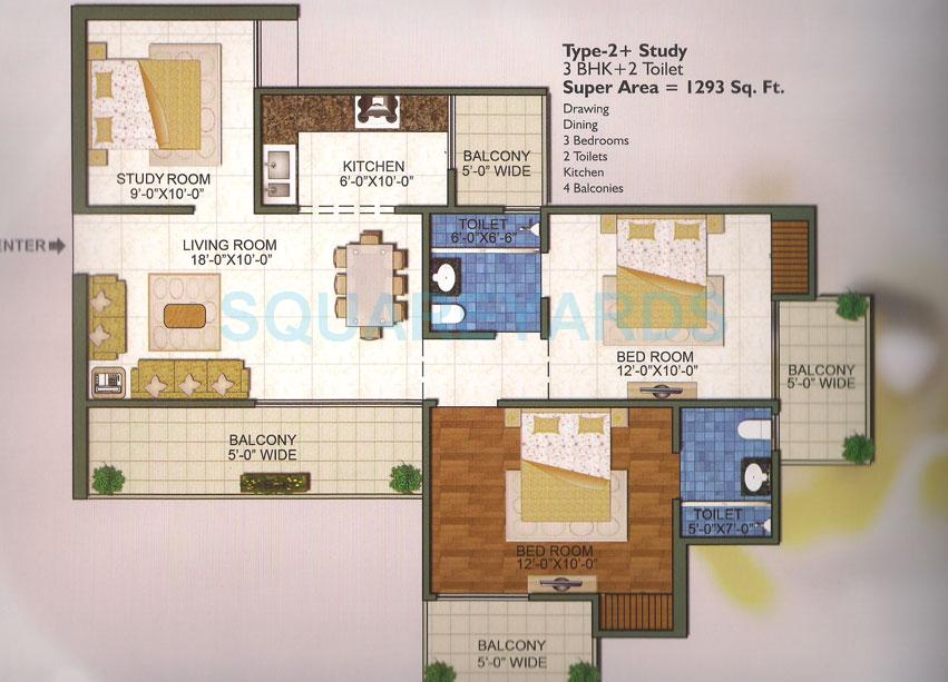 Floor plan of 2 BHK 1293 Sq. Ft. Apartment in Town Park White Orchid, Greater Noida