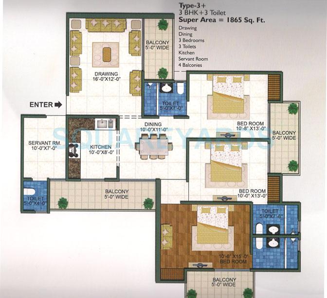 Floor plan of 3 BHK 1865 Sq. Ft. Apartment in Town Park White Orchid, Greater Noida