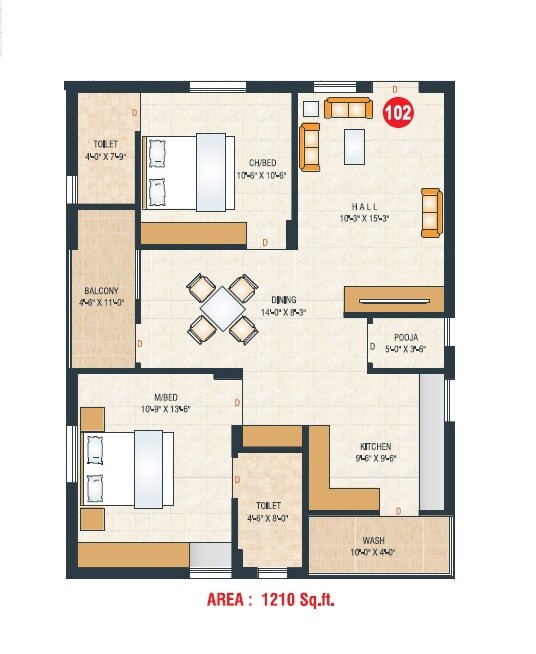 Floor plan of 2 BHK 1210 Sq. Ft. Apartment in Sai Kamala Grand, Guntur