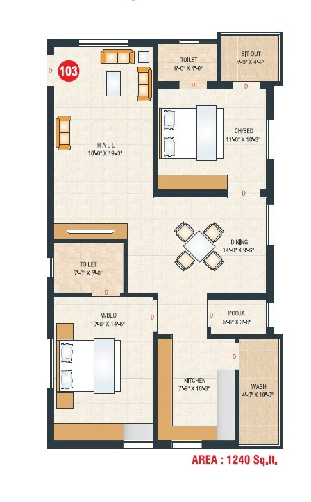 Floor plan of 2 BHK 1240 Sq. Ft. Apartment in Sai Kamala Grand, Guntur