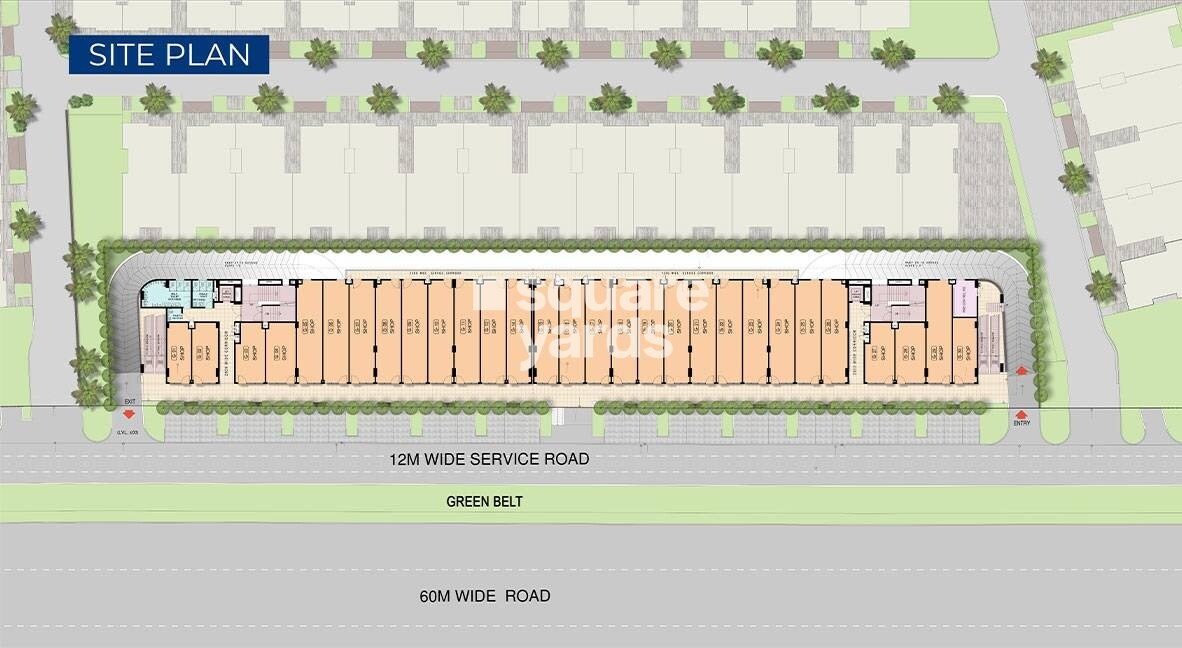 Smart-World-Orchard_an aerial view of a street with a train on it
