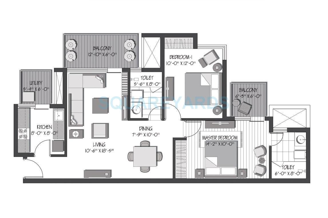 Floor plan of 2 BHK 1297 Sq. Ft. Apartment in 3C Orris Greenopolis, Gurgaon