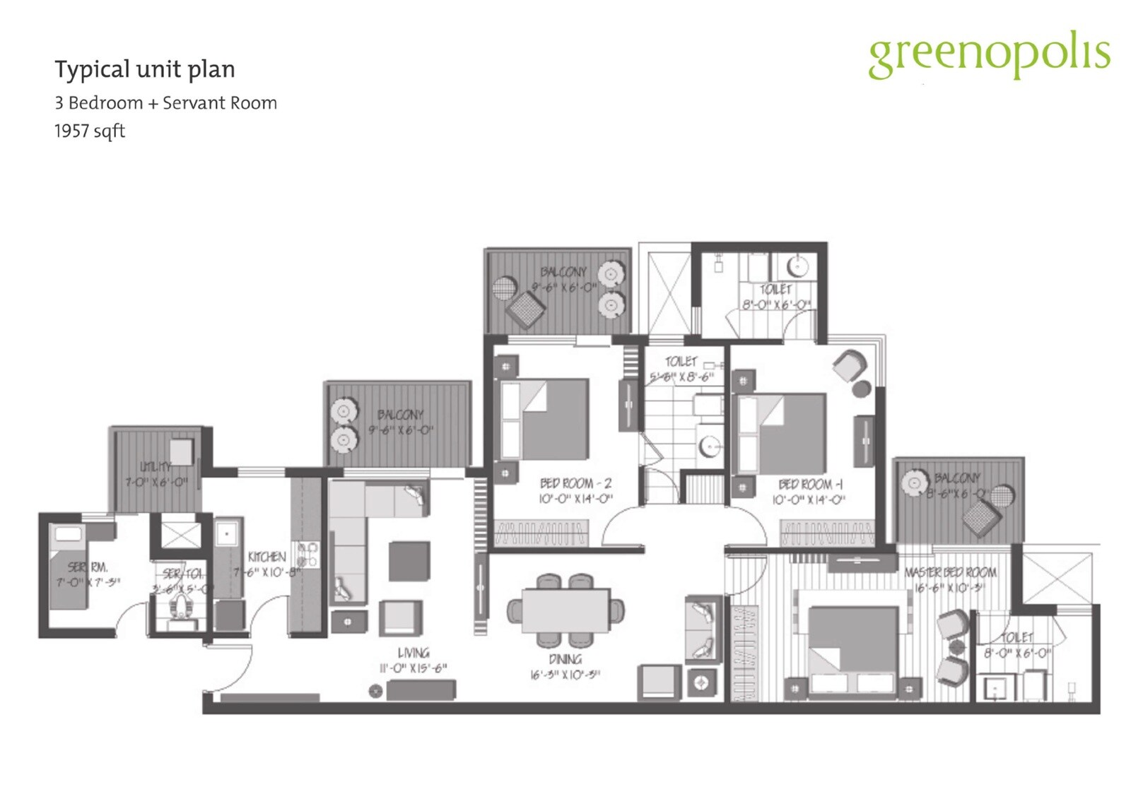 Floor plan of 3 BHK 1957 Sq. Ft. Apartment in 3C Orris Greenopolis, Gurgaon