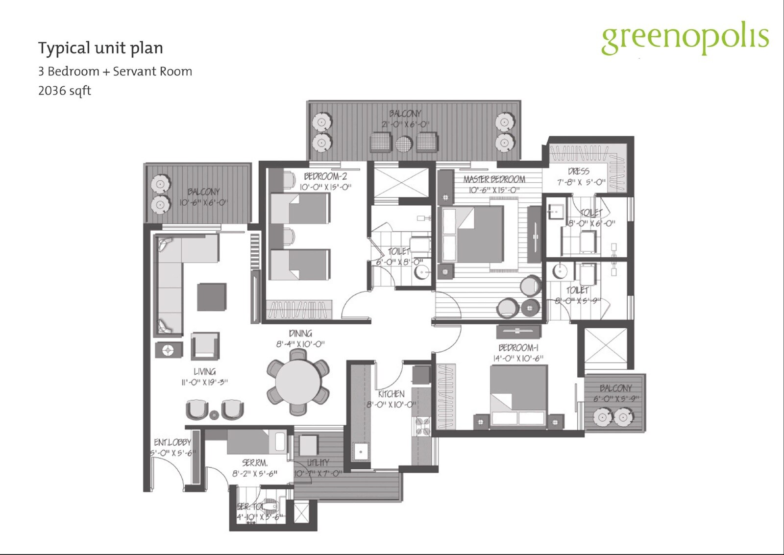 Floor plan of 3 BHK 2036 Sq. Ft. Apartment in 3C Orris Greenopolis, Gurgaon