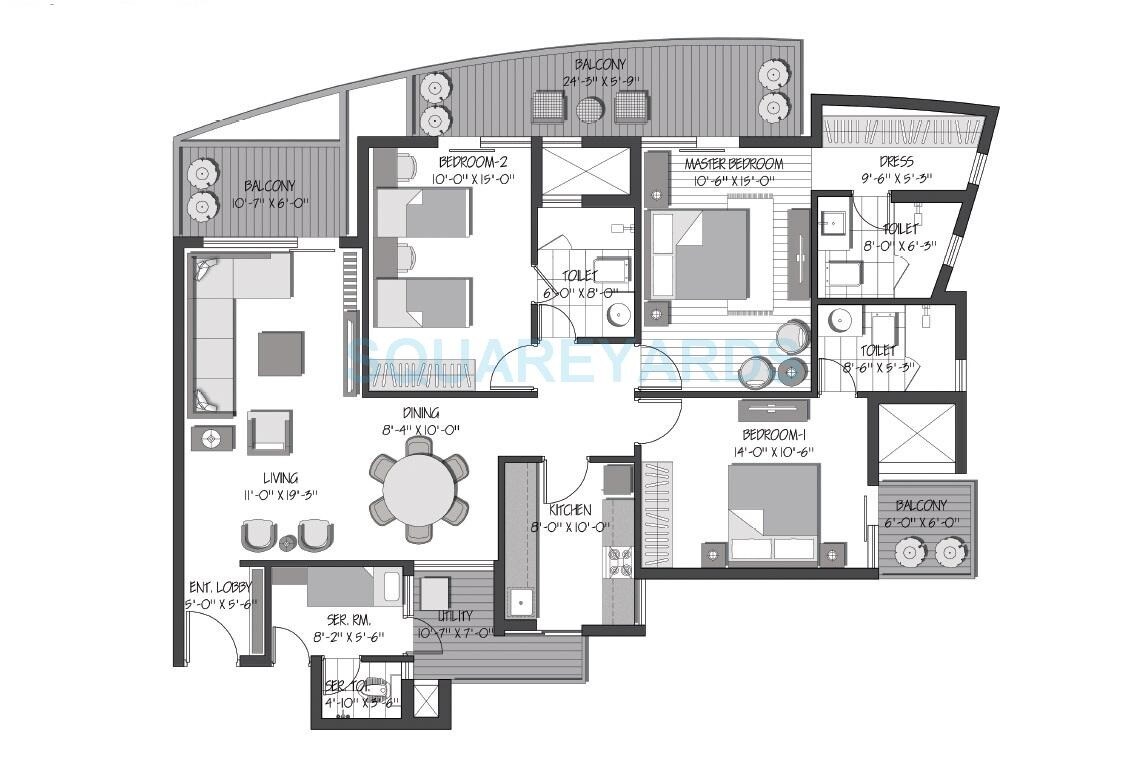 Floor plan of 3 BHK 2070 Sq. Ft. Apartment in 3C Orris Greenopolis, Gurgaon