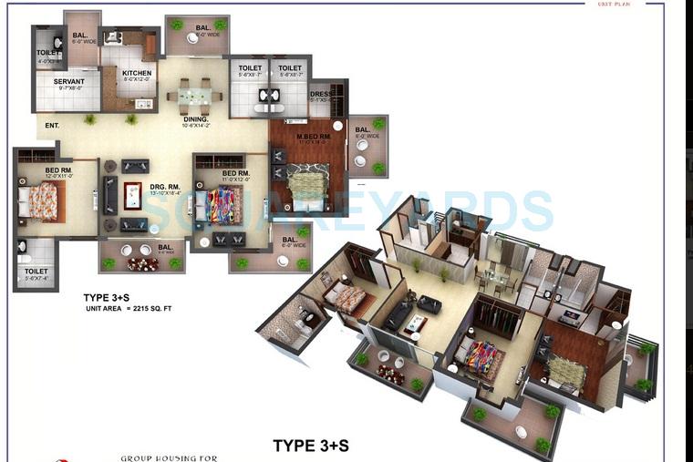 Floor plan of 3 BHK 2215 Sq. Ft. Apartment in Aakriti Vastus, Gurgaon